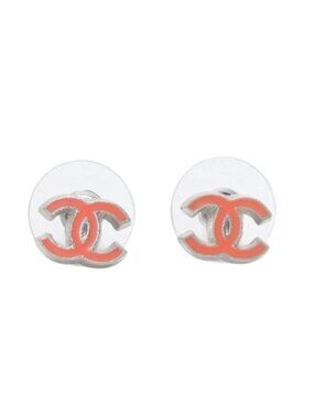 Chanel Earrings CC Logo Mini Orange Silver 04 One Side CC